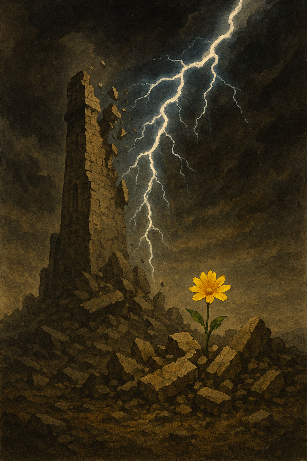 Flor entre ruinas de torre