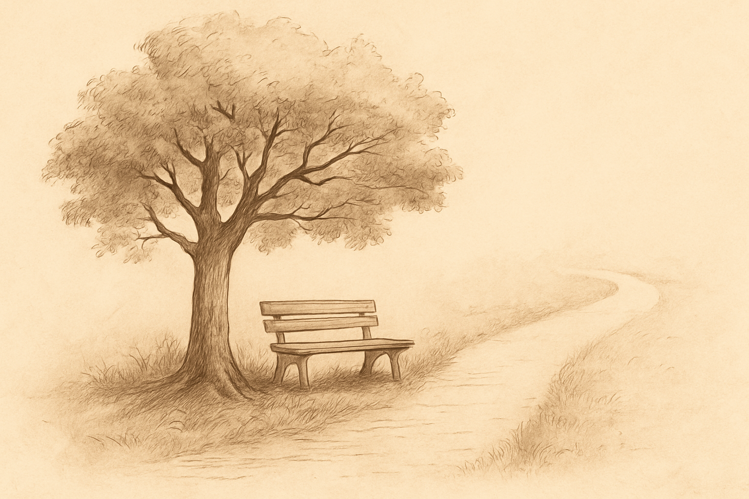 Ilustración de un camino con un árbol y un banco vacío