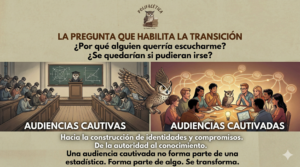 Infografía de Polifacética comparando audiencias cautivas en aulas rígidas frente a audiencias cautivadas en mesas de co-creación