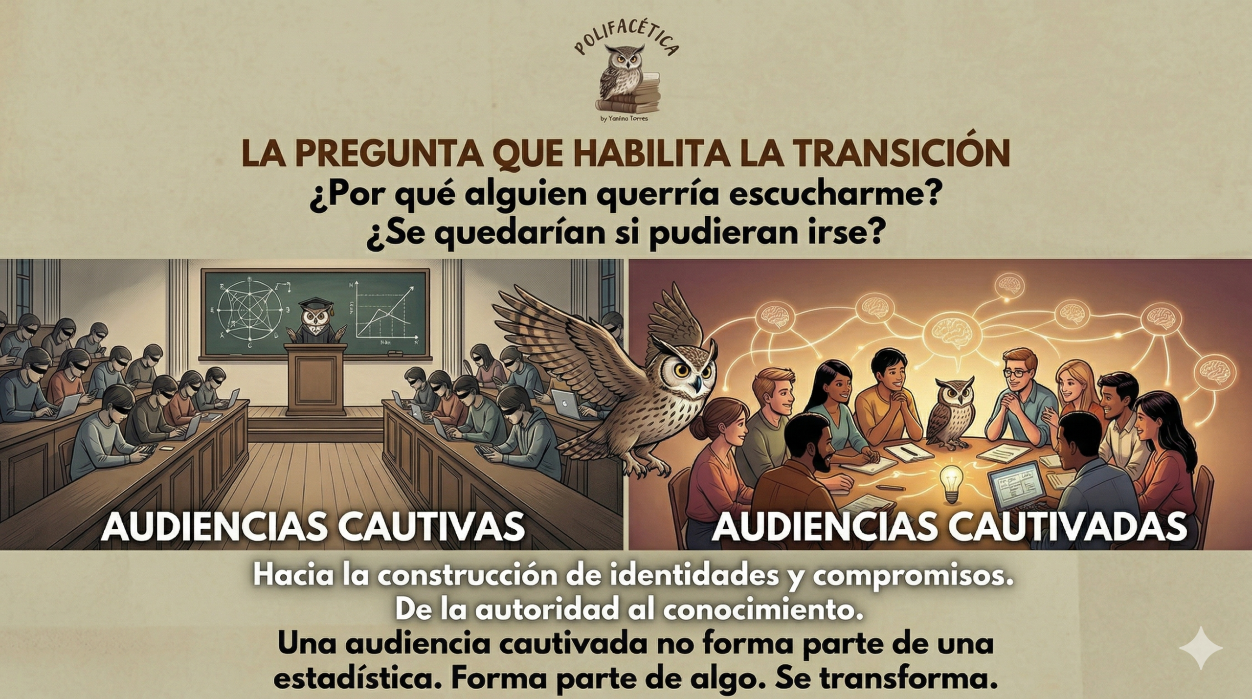 Infografía de Polifacética comparando audiencias cautivas en aulas rígidas frente a audiencias cautivadas en mesas de co-creación